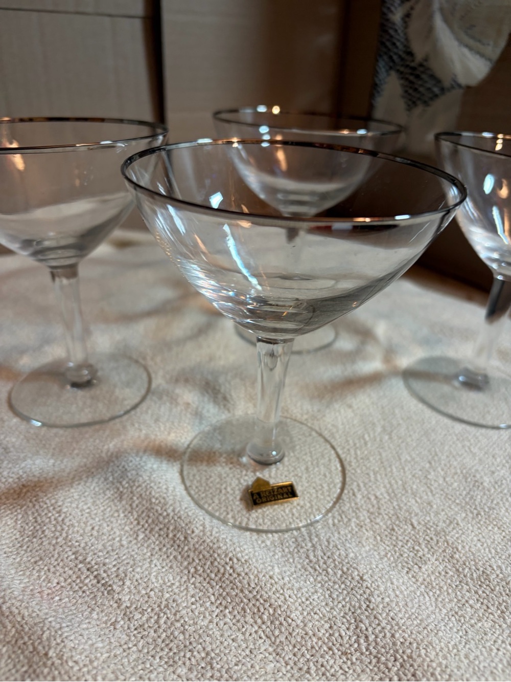 Vtg Reizart Original Crystal Champagne Coupe Silver Rim Set of 4 MCM with label